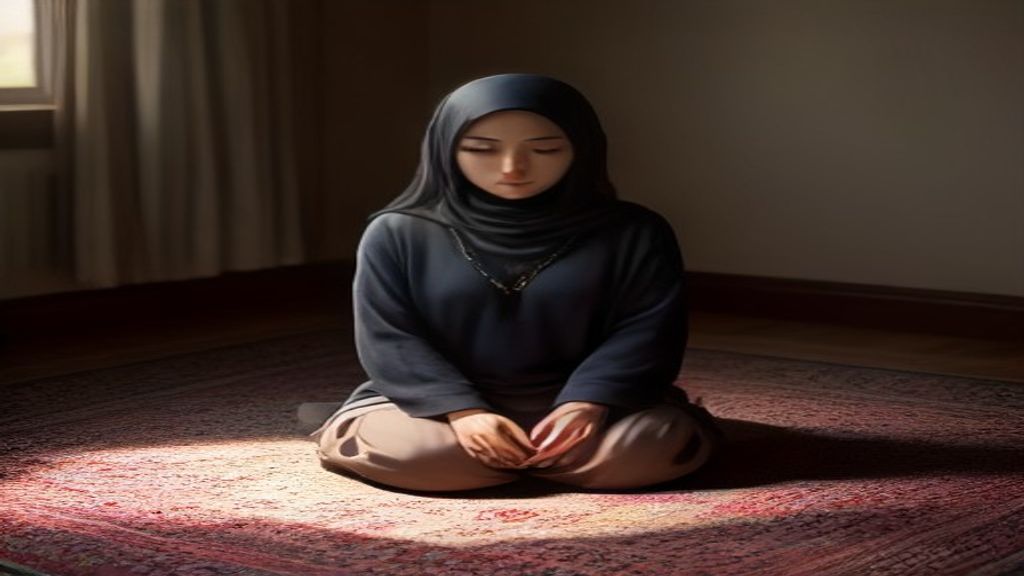 Ilustrasi seorang Muslim berdoa dengan tenang sebagai solusi mengatasi burnout menurut Islam dan menjaga kesehatan me...